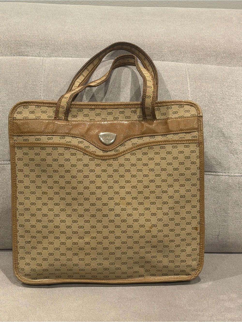 Vintage Gucci Micro GG Canvas Tote Bag Brown Leather Trim Italy